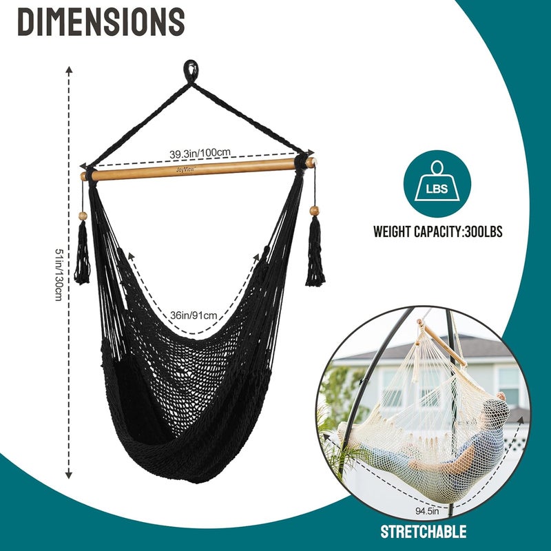 JoyView Hammock Chair with Spreader Bar Caribbean Hammock Swing Chair 300 LBS Weight Capacity XL Rope Hanging Chair for Outdoor Indoor Garden Yard - Black - Image 4